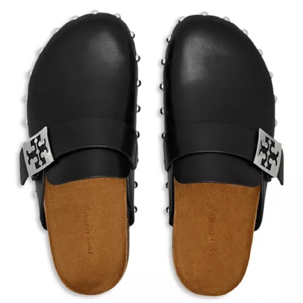 Tory Burch Black Leather Studded Mule Clogs with Silver Logo Accent - Picture 3 of 9